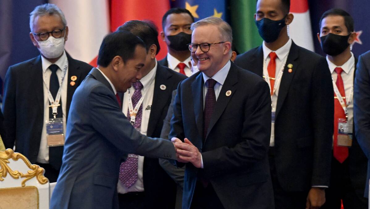 Indonesias President Joko Widodo greets Prime Minister Anthony Albanese at the 2nd ASEAN Global Dialogue in Cambodia. Picture AAP