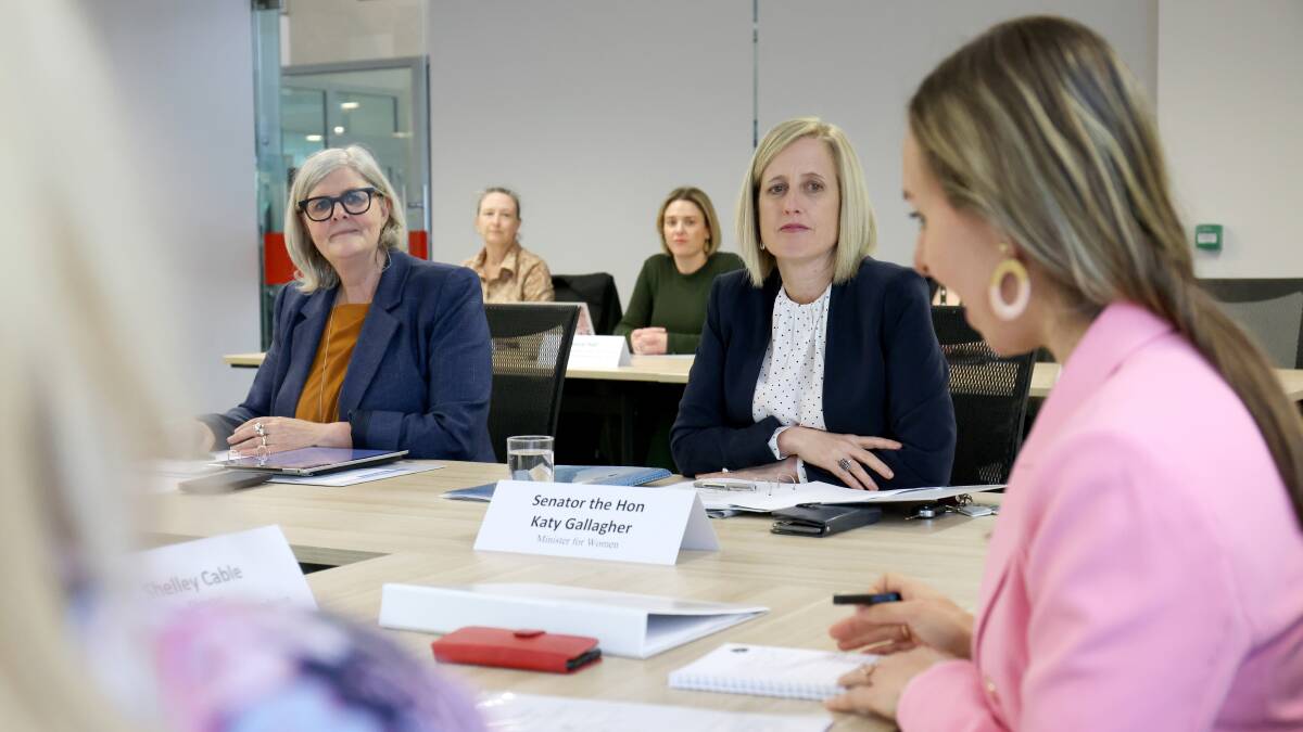 Chairwoman Sam Mostyn, the Minister for Women Katy Gallagher and Shelley Cable, director of Minderoo Foundation Generation One at the inaugural meeting of the women's economic equality taskforce. Picture by James Croucher