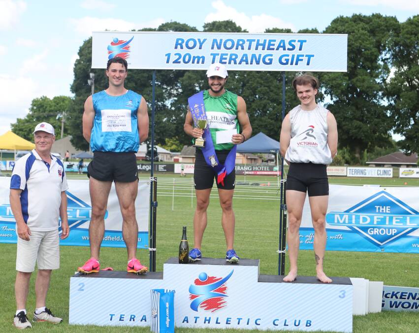 Terang Gift men's winner Maki Loukeris on the top podium, alongside Daniel Mouratch (second) and Hugh Hoffmann (third). Picture by Anthony Brady