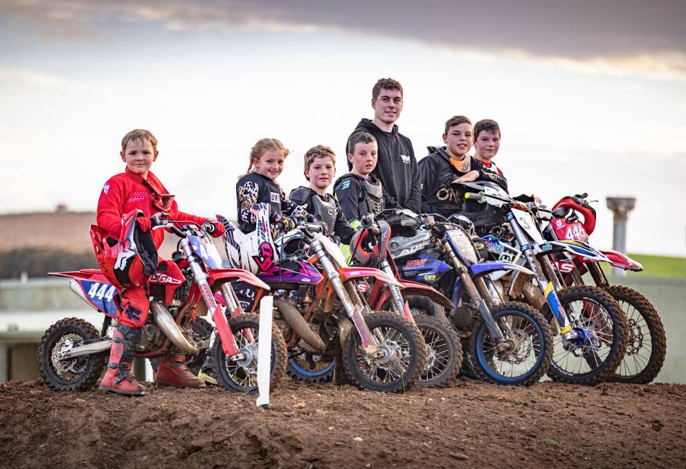 Shipwreck Coast Motocross Club members Max Limburg, 7, Mia Stanley, 8, Jordan Willie, 8, Seth Brooks 10, James Baker, 16, Tyrone Walters, 11, Isaac Willie, 13, are all looking forward to contesting the Victorian junior championships at the weekend. Picture by Sean McKenna