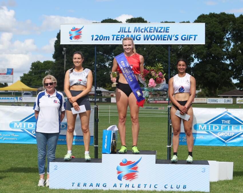 Terang Gift women's winner Grace Hewitt on the top podium, alongside Imogen Hobbs (second) and Clare De Salis (third). Picture by Anthony Brady