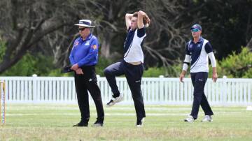 Port Fairy paceman Henry Bensch, pictured mid-delivery, struck 22 not out in a successful run chase. Picture by Anthony Brady