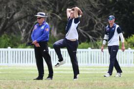 Port Fairy paceman Henry Bensch, pictured mid-delivery, struck 22 not out in a successful run chase. Picture by Anthony Brady