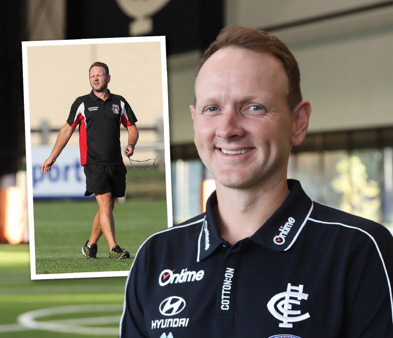 Mathew Buck is delighted to coach Carlton's AFLW side; Buck in his assistant coaching days at Koroit (inset). Main picture by Julian Wallace/Carlton FC