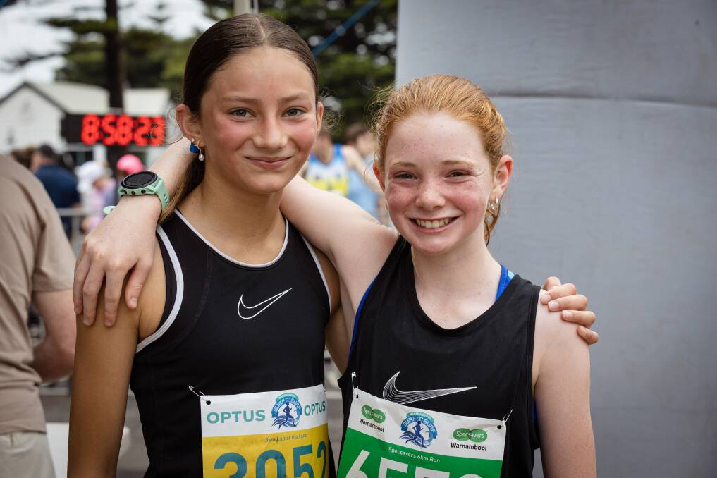 Miranda Jansz and Charlotte Staaks, pictured in February after the Surf T Surf, are contesting the state track and field championships this weekend. Picture by Sean McKenna