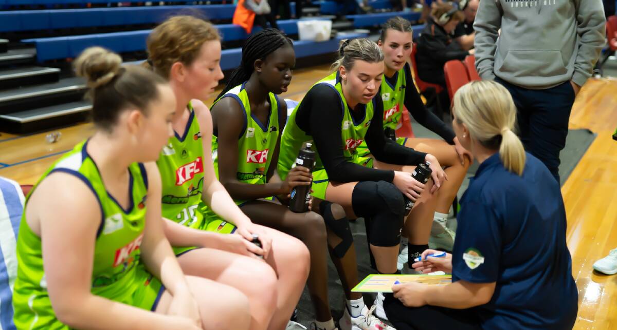 Louise Brown addresses the Mermaids during a break against Bulleen. Picture by Larry Lawson
