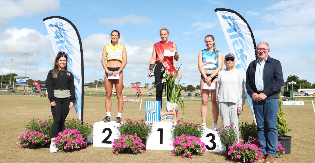 Chloe Mannix-Power on the top podium alongside Julia Phillips (second) and Ebony Newton (third). Picture by Anthony Brady