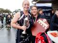 Nirranda's Steph Townsend and coach Lisa Arundell celebrate winning another A grade flag together. Picture by Anthony Brady
