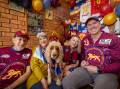 Bill Bailey, Meredith Bailey, Jorgie Sarahs, Brent Bailey and Chai the dog will be supporting Brisbane Lions forward Zac Bailey in Saturday's AFL grand final. Picture by Sean McKenna.