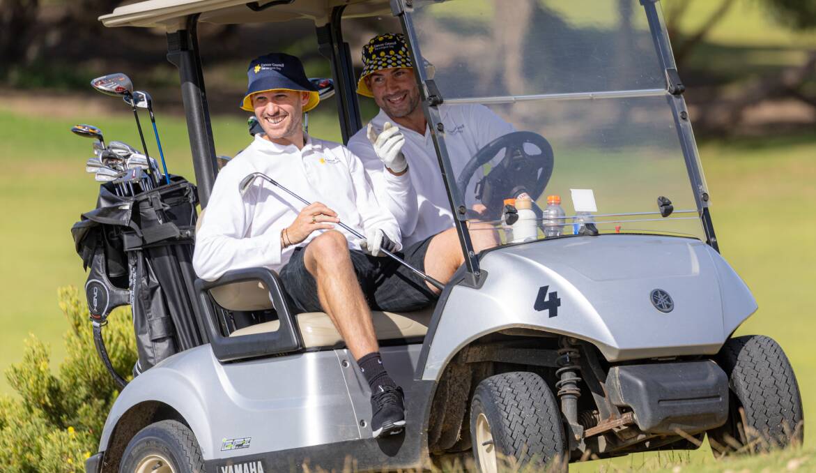 Ben Cunnington, Aaron Black and Dan O'Keefe tackle 72 holes of golf to raise money for the Cancer Council. Pictures by Eddie Guerrero