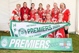 South Warrnambool celebrates its 15 and under netball flag. Picture by Anthony Brady