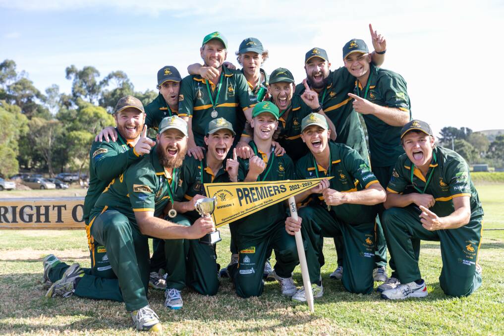 Bookaar players are all smiles after winning the grand final against Cobden. Picture by Eddie Guerrero
