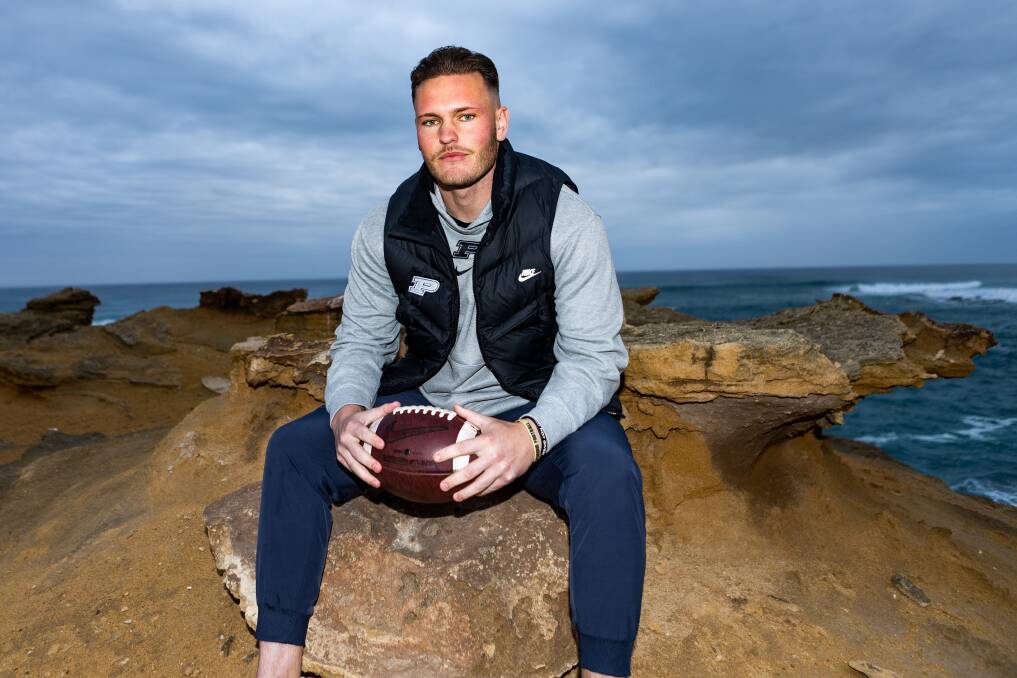 Jack Ansell soaks up some time at home in Warrnambool during the American college football off-season. Picture by Anthony Brady 