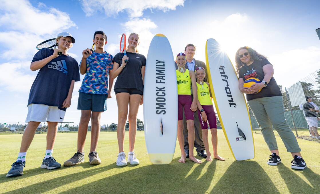 Theo Uren, Sonny Mehmi, Olivia Uren, Harrison Chiller, mayor Ben Blain, Lenny Chiller, and Warrnambool volleyball president Tanya Hughes ahead of a big weekend of sport. Picture by Sean McKenna