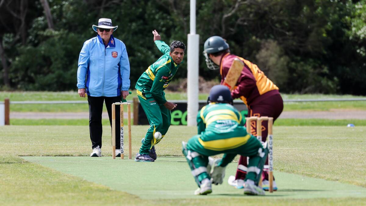 Shashan Silva sends down a delivery for Allansford-Panmure during the 2023-24 season. Picture by Anthony Brady