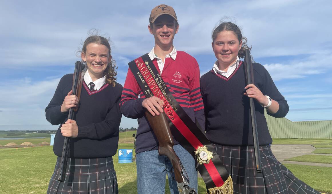 Emmanuel College clay target shooters Dana Russell, James Wood and Bridie Mason. Picture by Matt Hughes