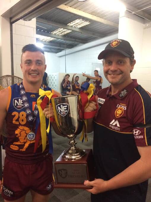 Terang Mortlake exports Lewis Taylor and Paul Henriksen lifted the NEAFL premiership in 2019.
