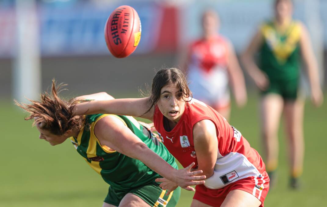 Rooster Michaela Leris breaks away from a Tyrendarra player. Picture by Sean McKenna