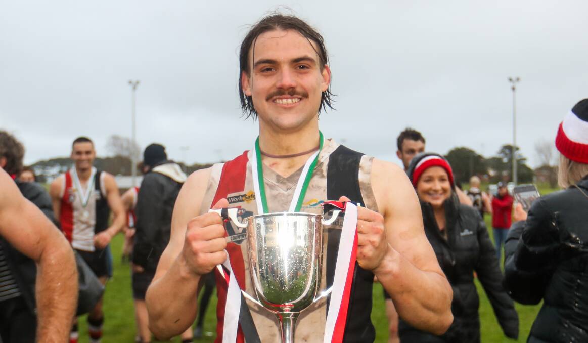 James Gow, pictured after winning the 2019 flag with Koroit, will return to the Saints in 2023.