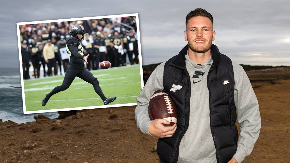 Jack Ansell, pictured at home in Warrnambool and inset playing for Purdue, will workout for an NFL club in April. Pictures by Anthony Brady and Getty Images