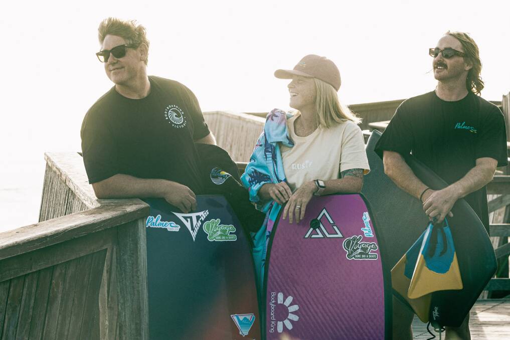 Luke Palmer, Kylie Palmer and Travis Craig can't wait for the weekend's Bodyboarding Victoria state titles at Logans Beach. Picture by Sean McKenna