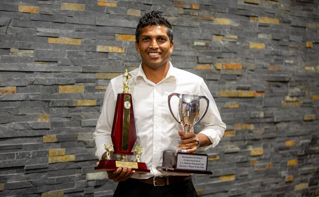 Allansford captain Shashan Silva poses with his division one cricketer of the year awards. Picture by Eddie Guerrero