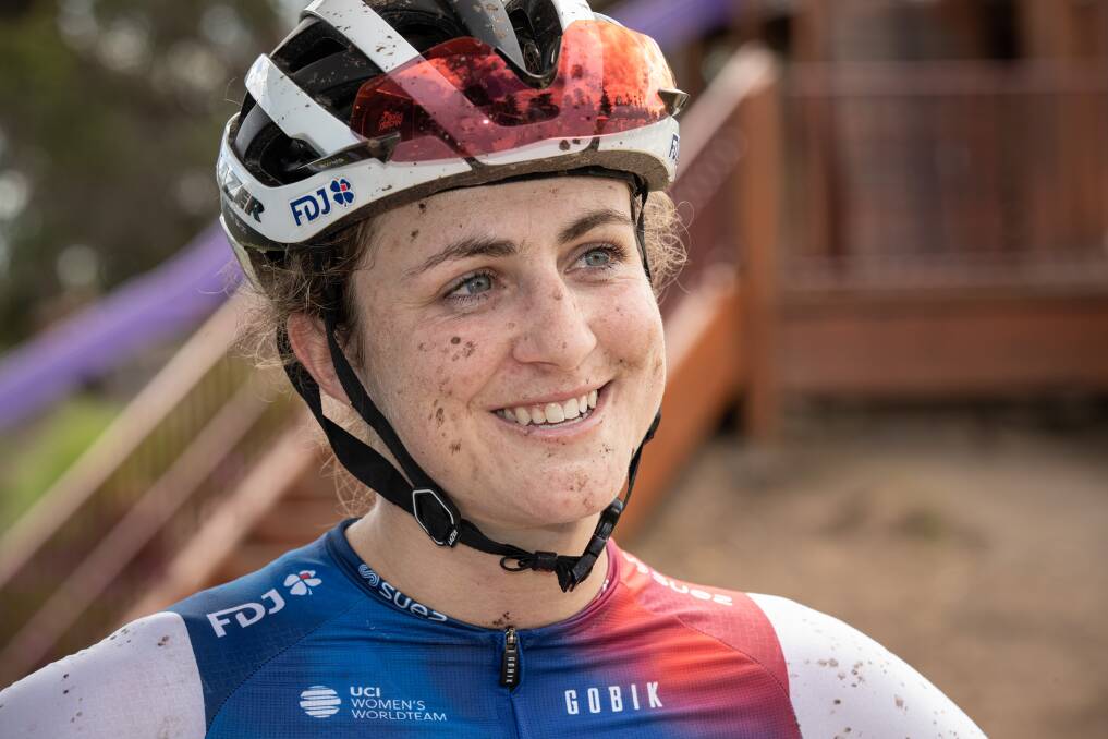 Grace Brown sharing her thoughts after riding the inaugural Dirty Warrny gravel race in 2022. Picture by Sean McKenna