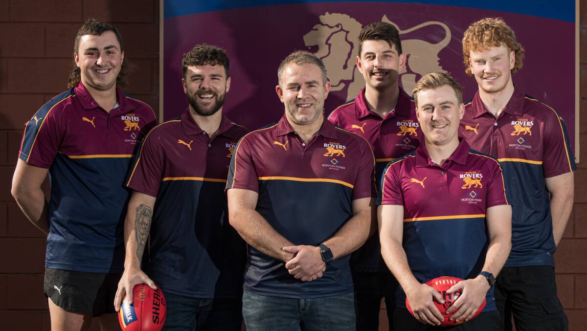 South Rovers leaders Jaxen Dalton, Trent Harman, Tim Condon, Sam Wilde, Kurt Lenehan, Sam Hodgins pose after Condon was appointed Lions coach. Picture by Sean McKenna