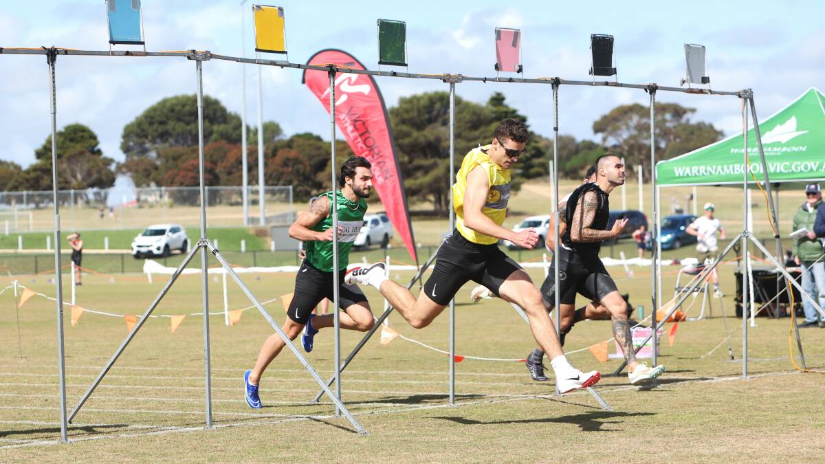 Brad Hunt crosses the line first in the Warrnambool Men's Gift final. Picture by Anthony Brady