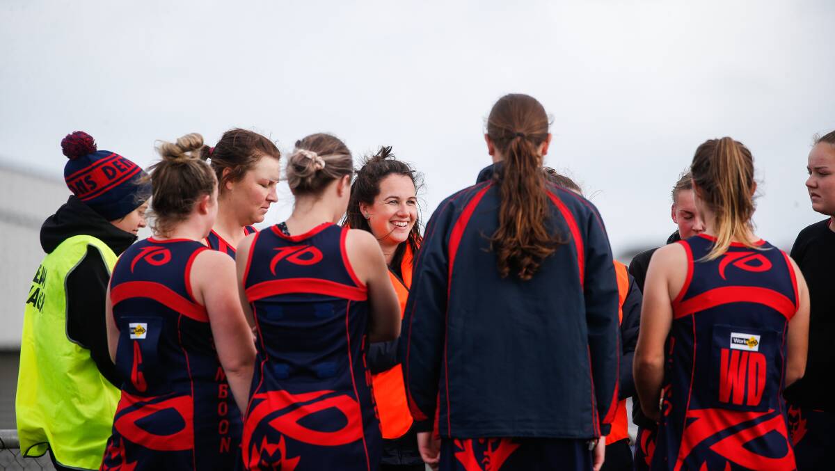 FOCUS: Timboon Demons co-coach Bethany Hallyburton addresses her team. Picture: Anthony Brady