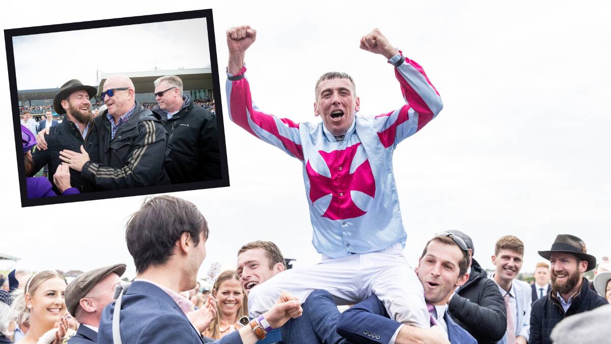 Jockey Chris McCarthy celebrates his Grand Annual Steeplechase win while trainer Ciaron Maher (inset to the left) rejoices. Pictures by Anthony Brady and Sean McKenna 