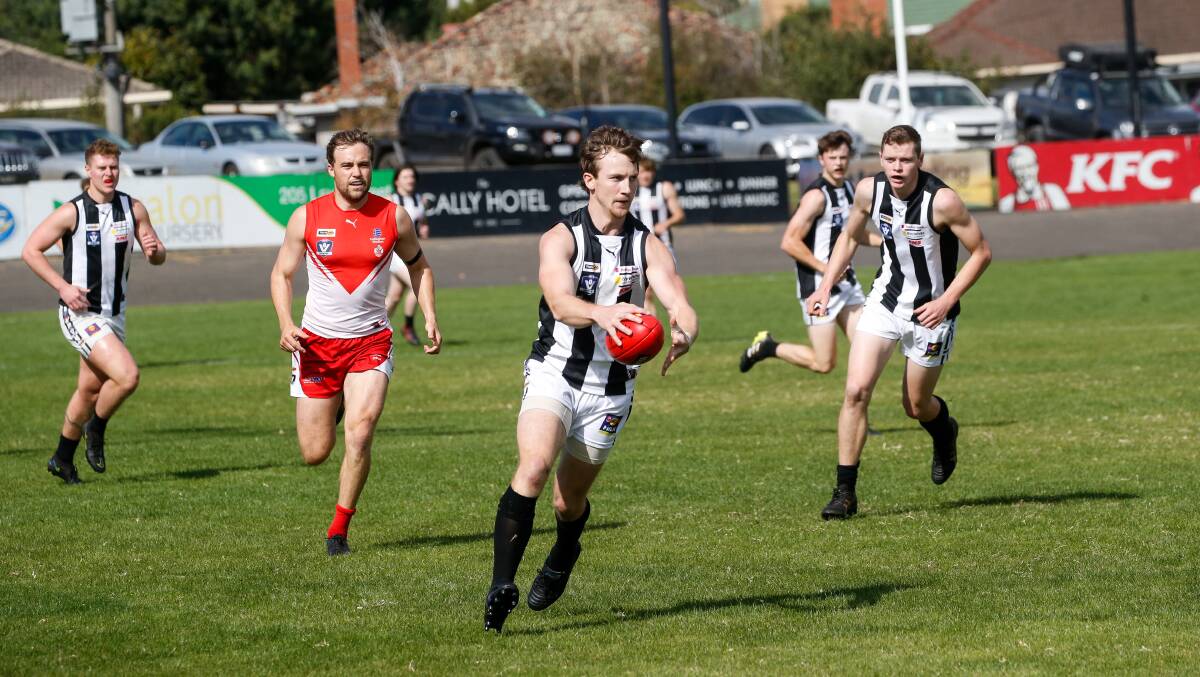 FEAT: Camperdown assistant coach Cameron Spence plays game 100 for the Magpies on Saturday. Picture: Anthony Brady