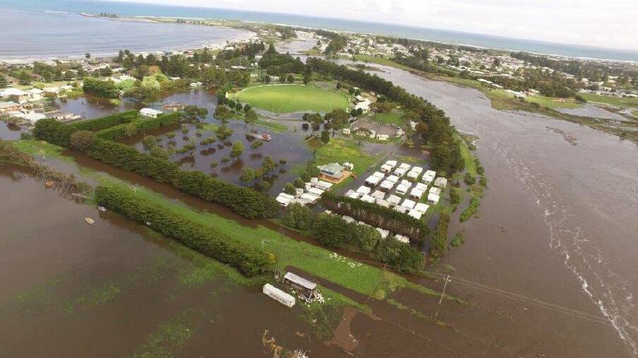 An aerial view of the Moyne River and East Beach, Port Fairy during floods in 2020.