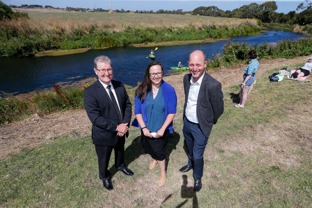 Vital boost: Warrnambool City Council CEO Peter Schneider with Glenelg Hopkins CMA CEO Adam Bester and parliamentary secretary for water Harriet Shing, who announced $1.02 million for local rivers. Picture: Anthony Brady.