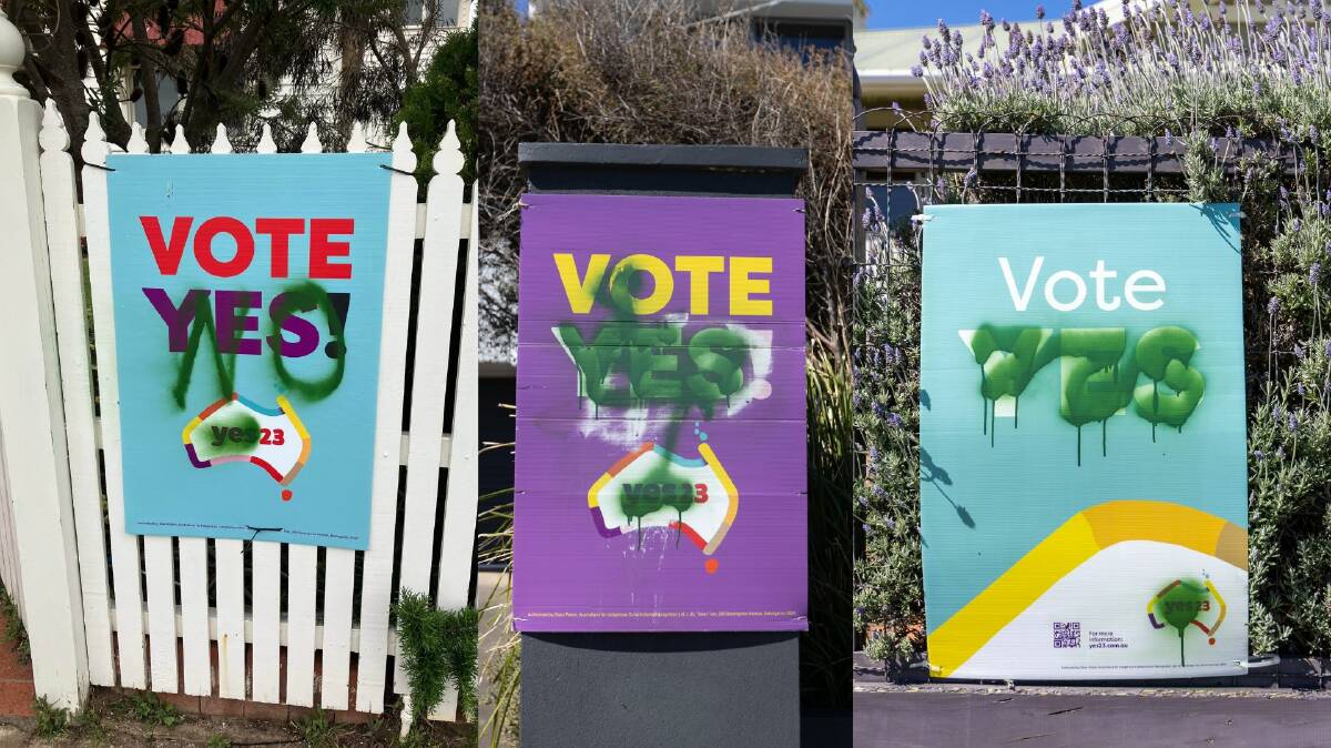 Several 'yes' Voice campaign signs in Warrnambool have been defaced on two separate occasions, while in Woorndoo similar signs have been ripped off fences and burned. Pictures by Eddie Guerrero