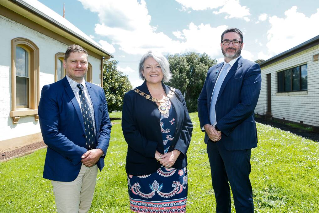 Moyne Shire Council mayor Karen Foster flanked by deputy mayor Daniel Meade and chief executive officer Brett Davis. The three were joined by infrastructure and environment director Edith Farrell to advocate council issues at state parliament. Picture by Anthony Brady