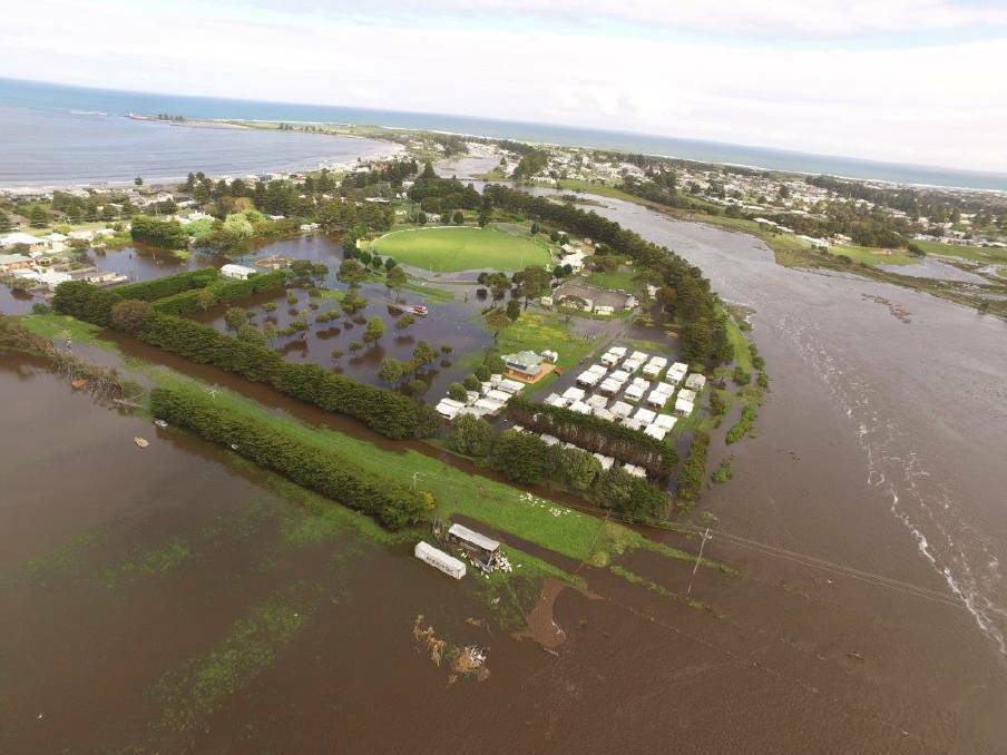 An image captured by a drone of inundation from the overflowing Moyne River to eastern areas of Port Fairy during the 'one-in-10-year' floods in 2020.