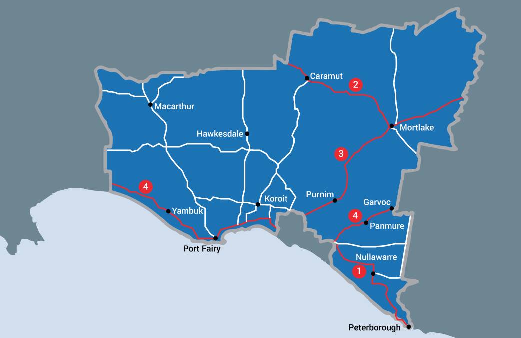 The state government manages highways and arterial roads in Moyne Shire. Arterial roads are in white, while highways are in red. 