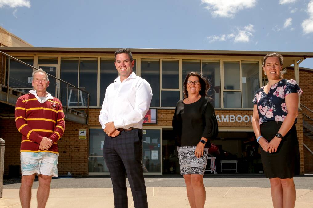 Outdated: Warrnambool Surf Lifesaving Club vice president John McNeil (far left) and captain Jo McDowall (far right), along with opposition spokesman for emergency services Brad Battin and Member for South-West Coast Roma Britnell. Picture: Chris Doheny.