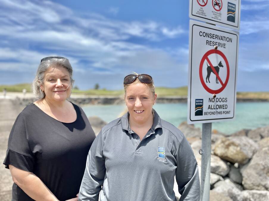 Moyne Shire Council mayor Karen Foster and ranger Crystal Bell are urging people to leave their dogs at home if they visit Griffiths Island after a record number of people have been caught ignoring the rules. Picture by Ben Silvester