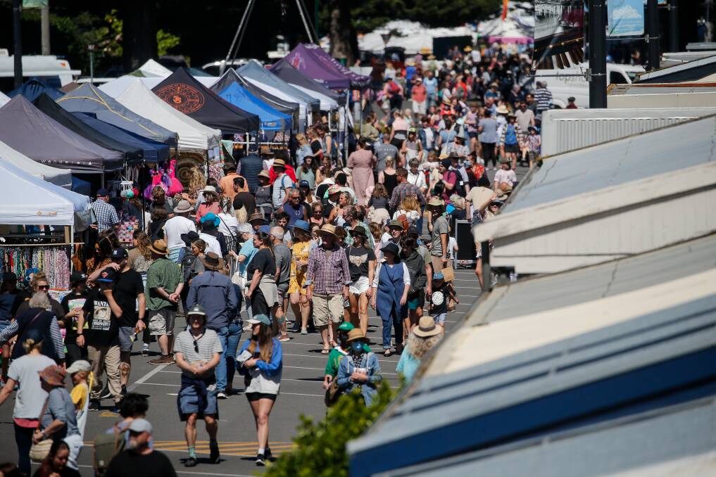 A packed Sackville Street in the middle of Port Fairy's CBD during the 2022 edition of the Port Fairy Folk Festival. Picture by Anthony Brady