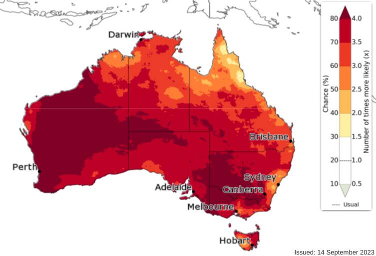 Bureau of Meteorology map for October to December, 2023 showing likelihood of temperatures being in hottest 20 per cent on record.