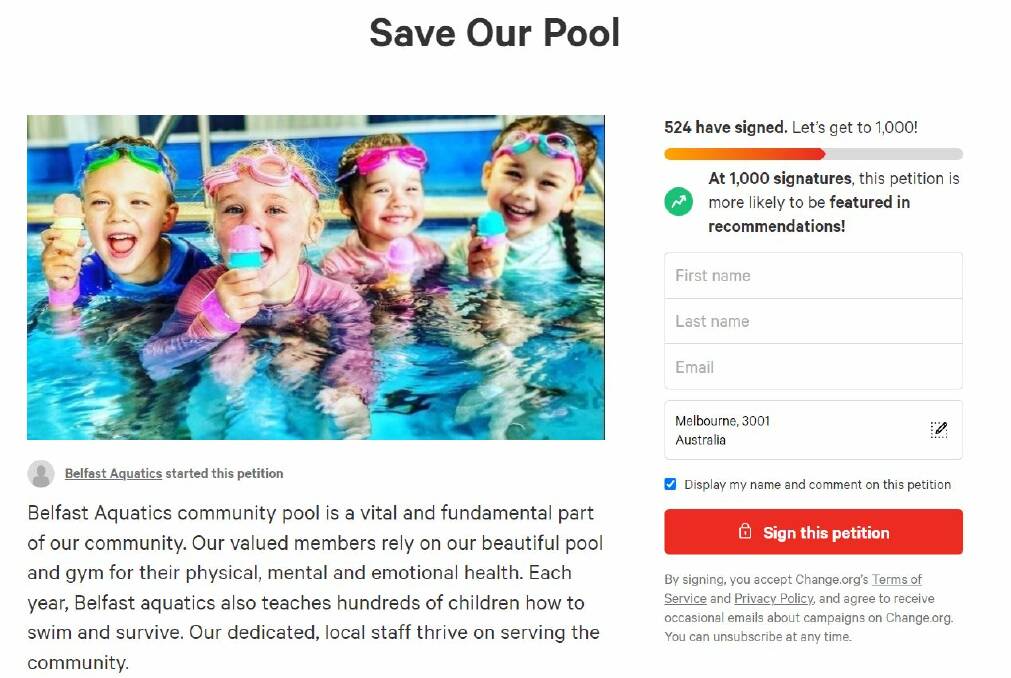 "Save our pool": As of Tuesday March 22 the Belfast Aquatics petition had 524 signatures.