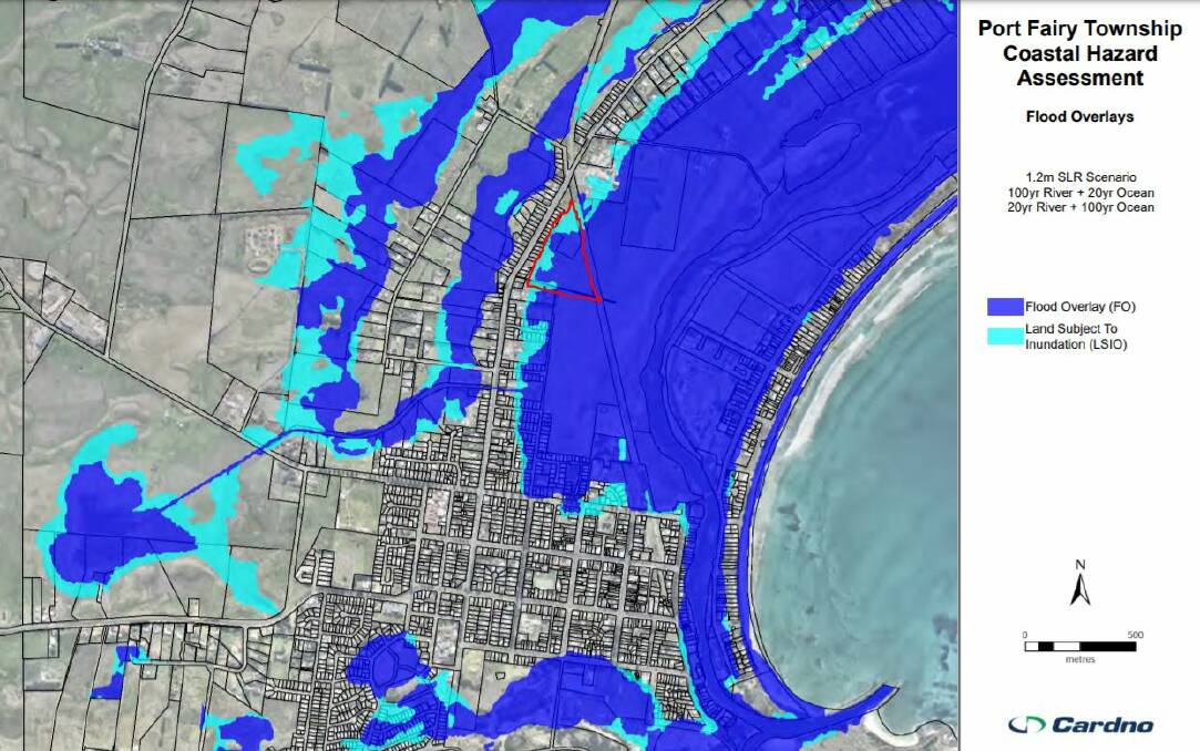 Flooded: An image of the flood overlay for 2100 showing a worst case scenario flood event according to Moyne Shire Council's new flood modelling.
