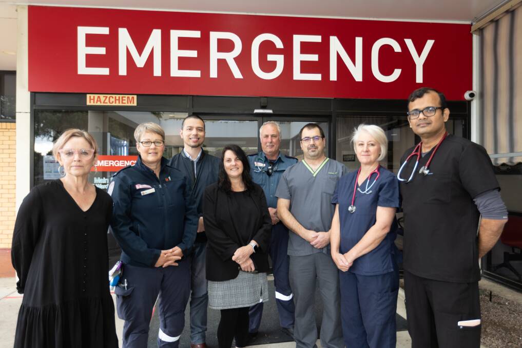 Local medical staff - including nurses, doctors and ambulance officers - are all excited about the benefits of the new virtual emergency department services in Warrnambool and Camperdown. Pictured are Paula Conlan (Medical Workforce Coordinator), Melissa Castledine (Ambulance Victoria), Dr Didir Imran (Chief Medical Informatics Officer), Jen Dorney (Medical Administrator), Tim Tabart (Ambulance Victoria), Grant Holmes (Clinical Nurse Specialist), Margaret Bull (Clinical Nurse Specialist) and Dr Prashanth (Consultant Emergency Physician). Picture by Eddie Guerrero