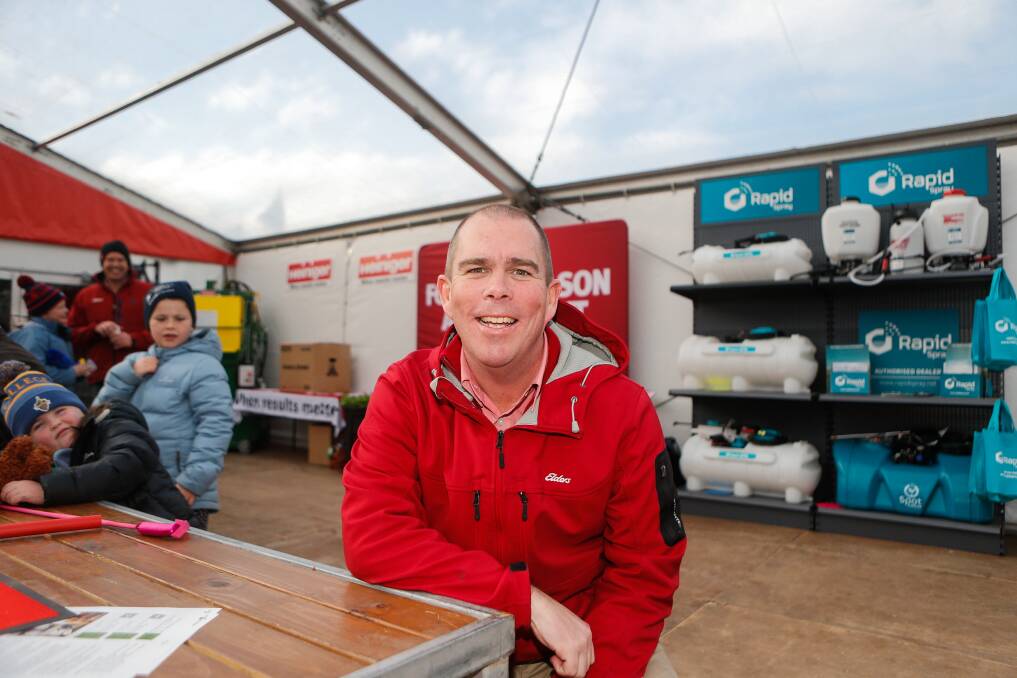 Having a yarn: Elders' Hamilton branch manager Lachy Patterson is happy to be back at Sheepvention and getting a chance to catch up and chat with clients after two long years. Picture: Anthony Brady