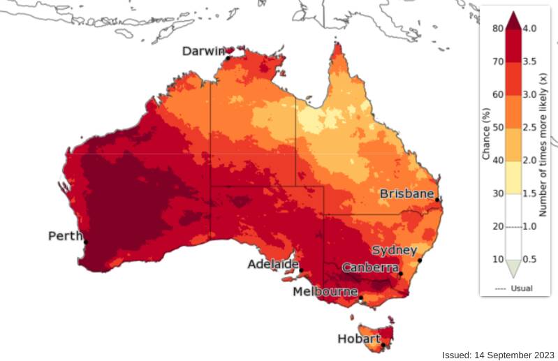 Bureau of Meteorology map for November, 2023 to January, 2024 showing likelihood of temperatures being in hottest 20 per cent on record.
