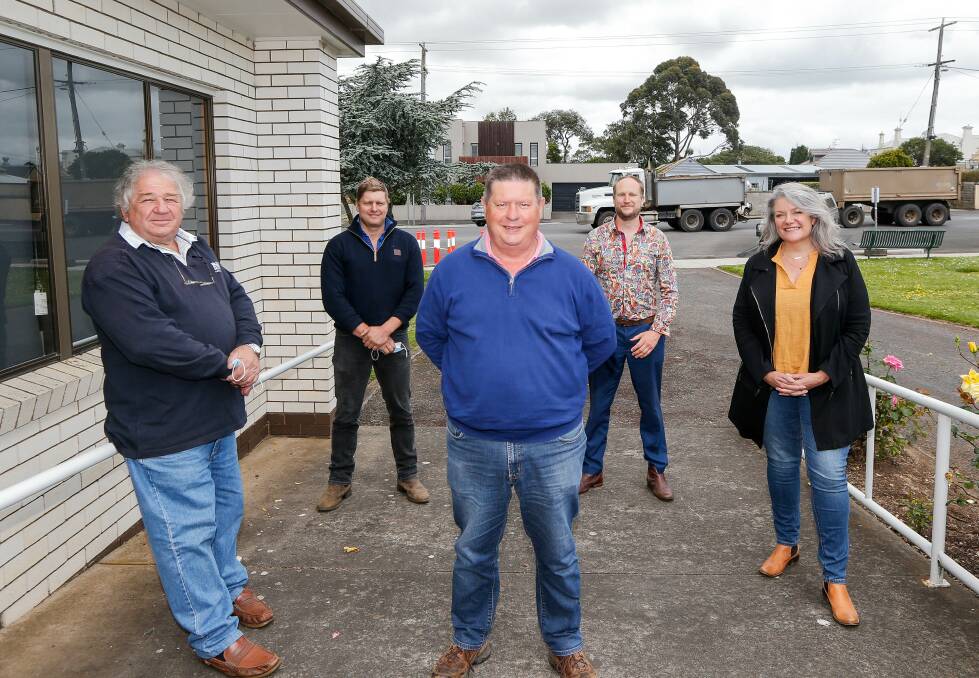 Happier times: Moyne Shire councillors Jim Doukas, Daniel Meade, Damian Gleeson, Jordan Lockett and Karen Foster after the 2020 council election. Picture: Anthony Brady.