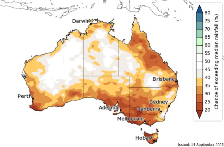 Bureau of Meteorology map showing chance of below average rainfall for October to December 2023.