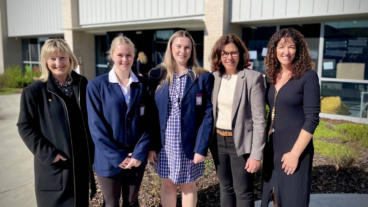Member for Western Victoria Gayle Tierney with Emily Fuge, Tayla Logan, Terang College Principal Katheryn Tanner and Hampden Specialist School principal Kylie Carter.